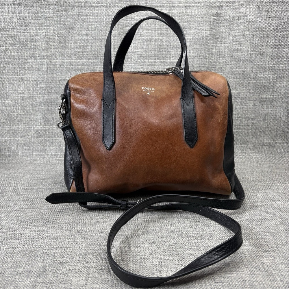 Fossil Sydney Satchel Brown Black Leather Crossbody‎ Bag Two Tone Boho Purse